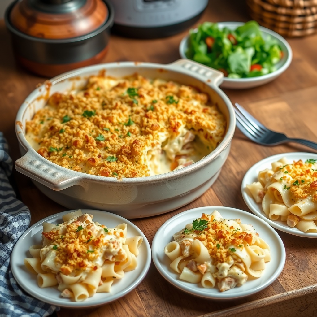 A hearty chicken noodle casserole with a creamy sauce and golden breadcrumb topping, served in a rustic baking dish.